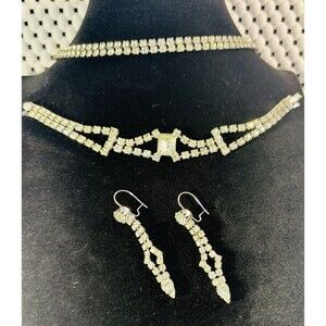 Vintage Statement Silver Tone Rhinestone Set; Choker, Bracelet & Earrings
